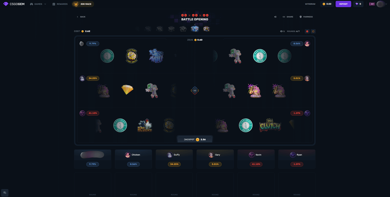 CSGOGem battle game mode on a CS2 gambling site showing multiplayer case battles