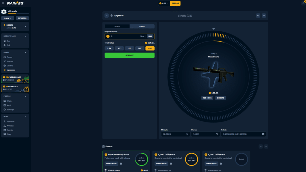 Rain.gg upgrader feature on a CS2 gambling site showing skin upgrade system