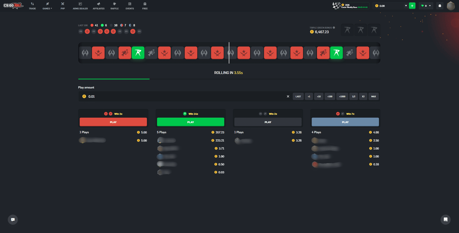 CSGORoll roulette game on a CS2 gambling site showing betting options and live results