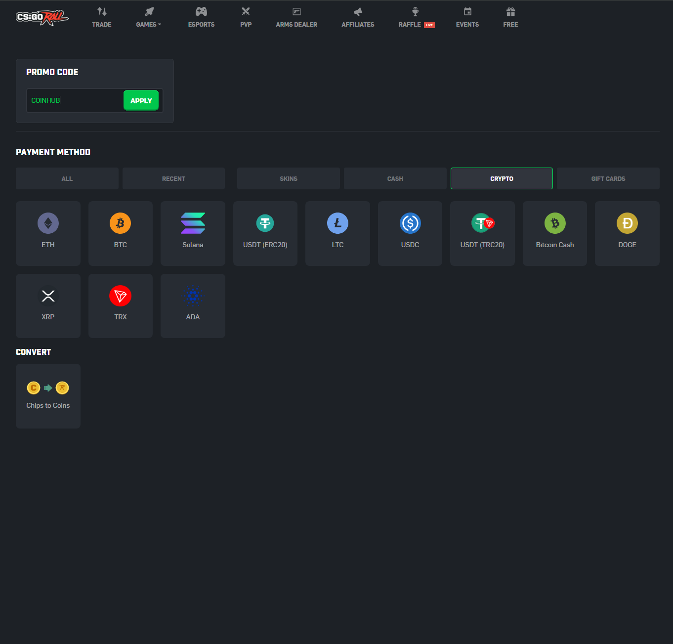 CSGORoll deposit page with crypto payment methods on a CS2 betting platform including Bitcoin and USDT