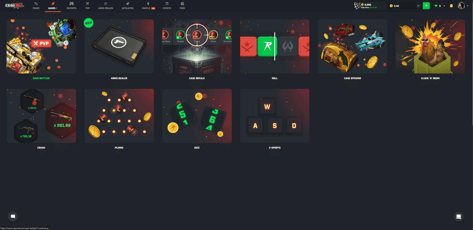 CSGORoll games interface on one of the best CS2 gambling sites