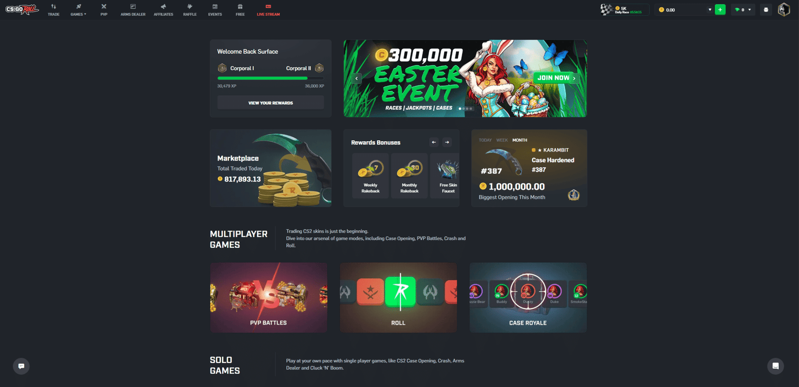 CSGORoll homepage interface featured on one of the best CS2 gambling sites with multiple games