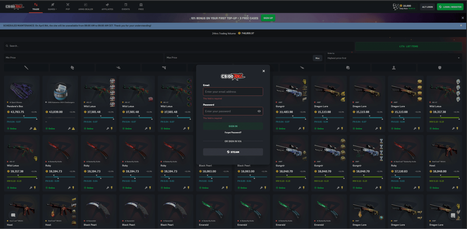 CSGORoll platform with CS2 skins marketplace and user login popup