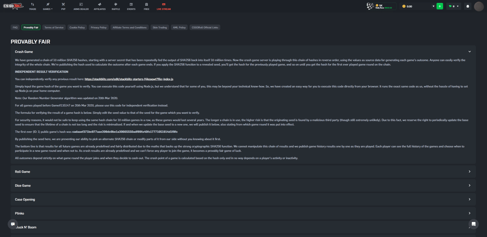CSGORoll provably fair page on a CS2 gambling site demonstrating fairness and game verification system