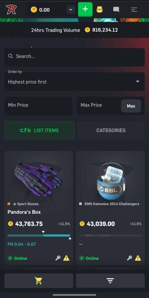 CSGORoll mobile marketplace with CS2 skins and trading options on a CS2 gambling platform