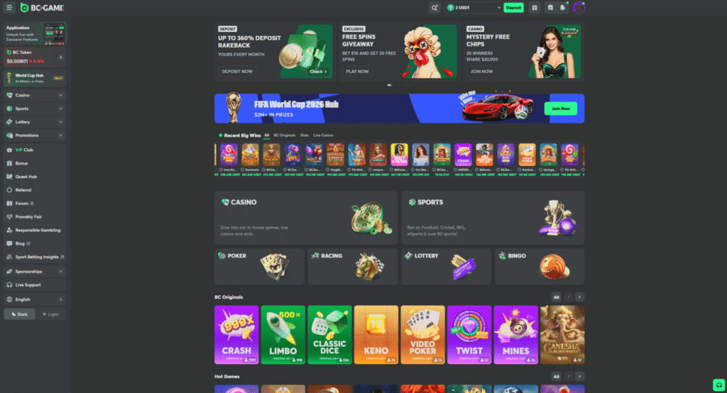 BC.Game Review homepage showing casino lobby, sportsbook, promotions, and BC Originals games