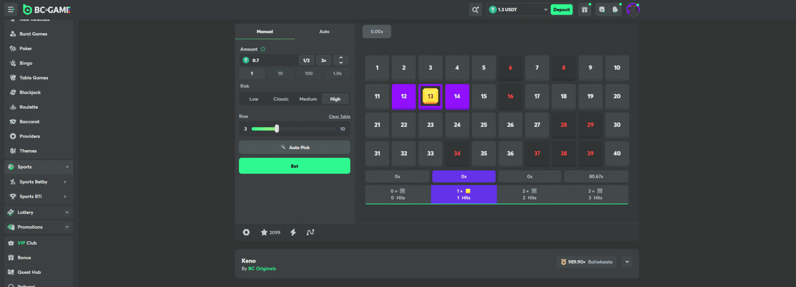 BC.Game Review Keno original game with betting controls, number grid, and payout multipliers