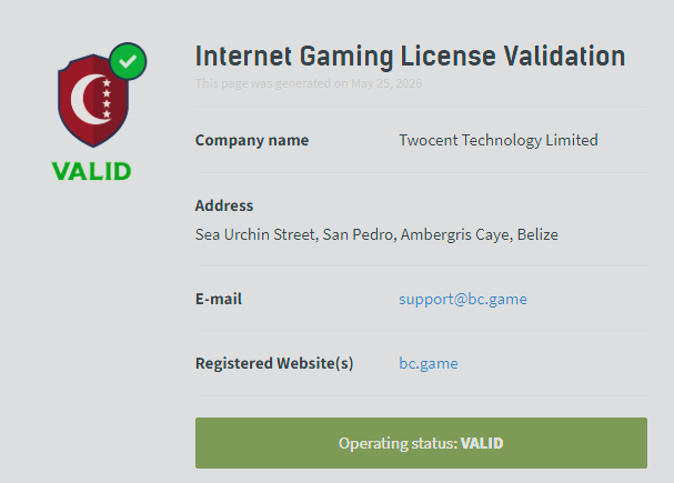 BC.Game Review gaming license validation page showing company registration details