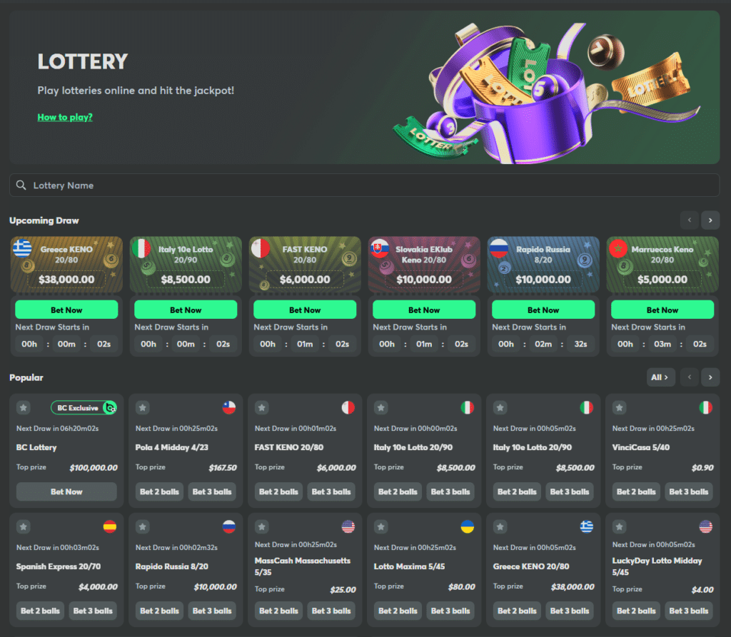 BC.Game Review lottery page displaying jackpot draws, ticket options, and lottery games