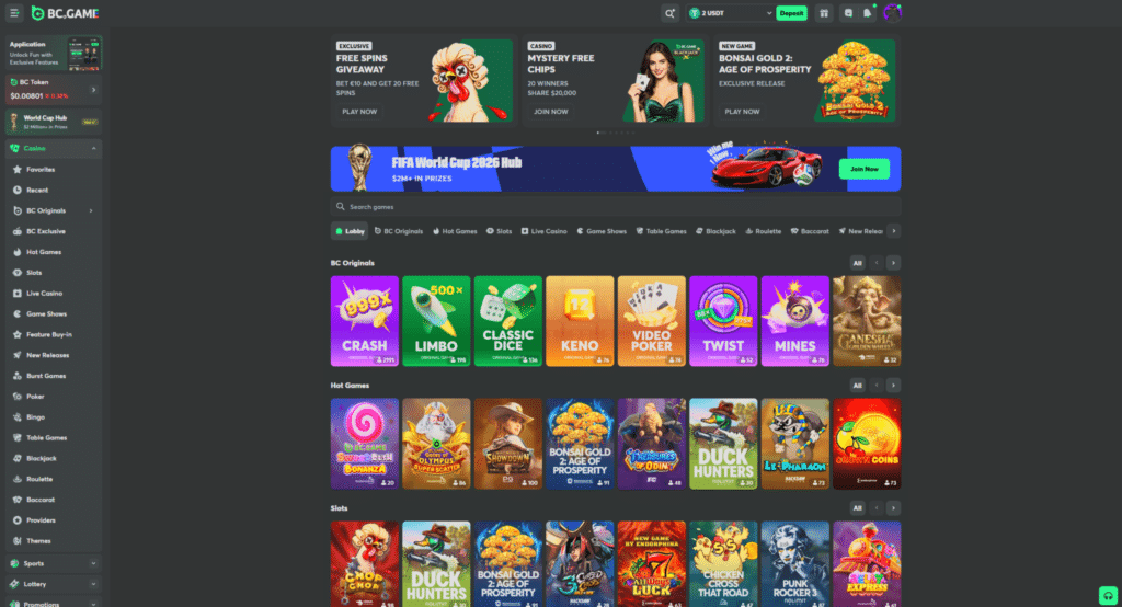 BC.Game Review slots lobby with featured slot games, provider filters, and BC Originals