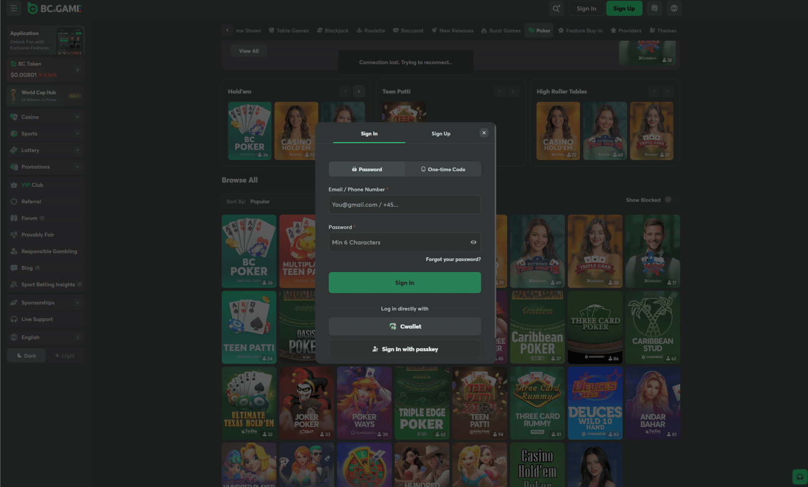 BC.Game Review login screen with sign in form, wallet login, and social login options