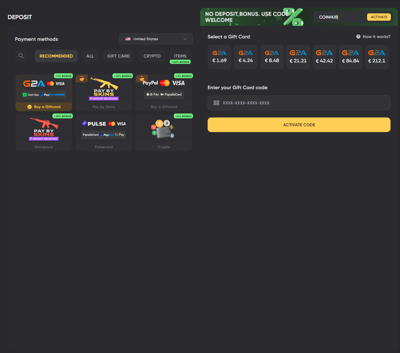Bountystars deposit page with crypto and gift card payment methods