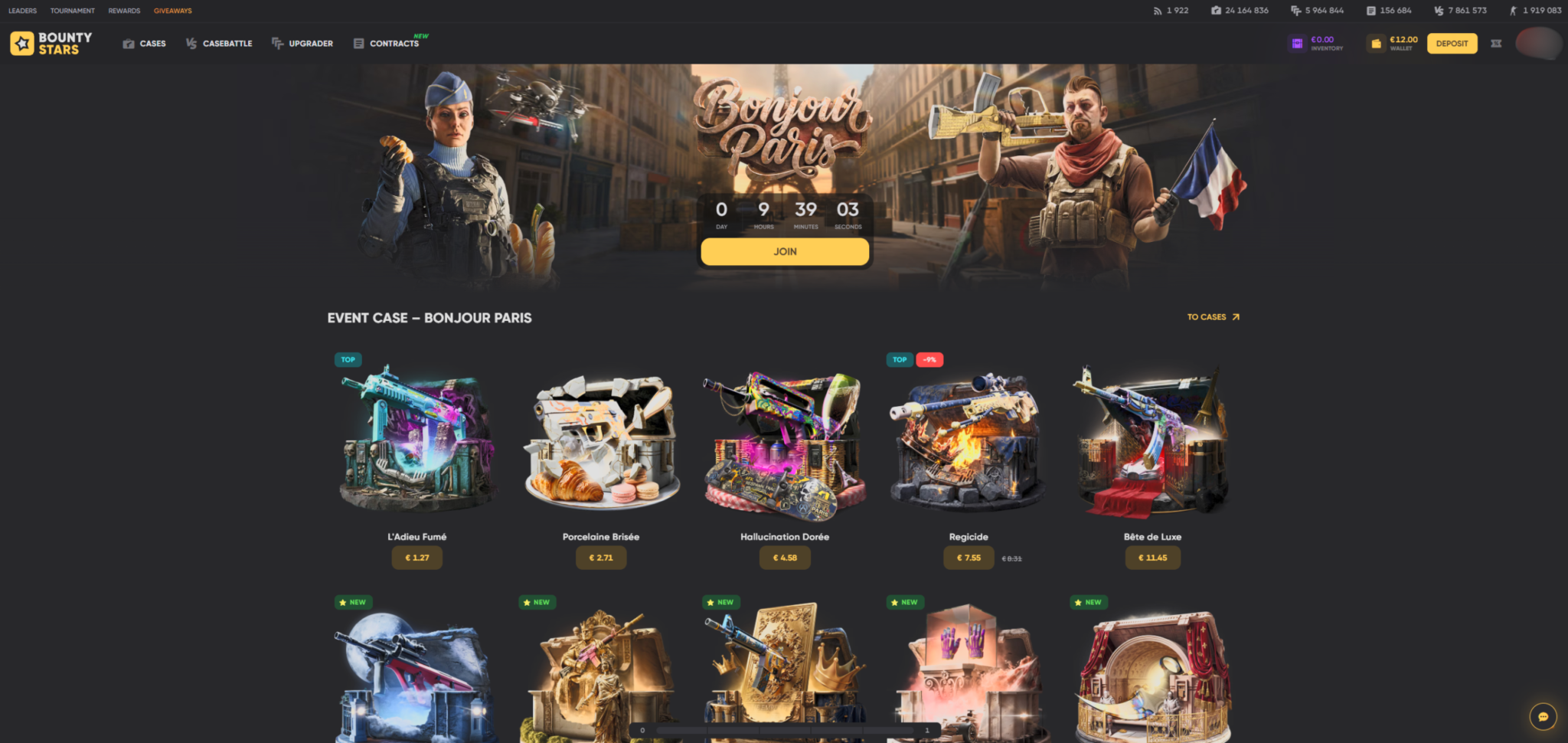 Bountystars homepage with CS2 cases and event rewards