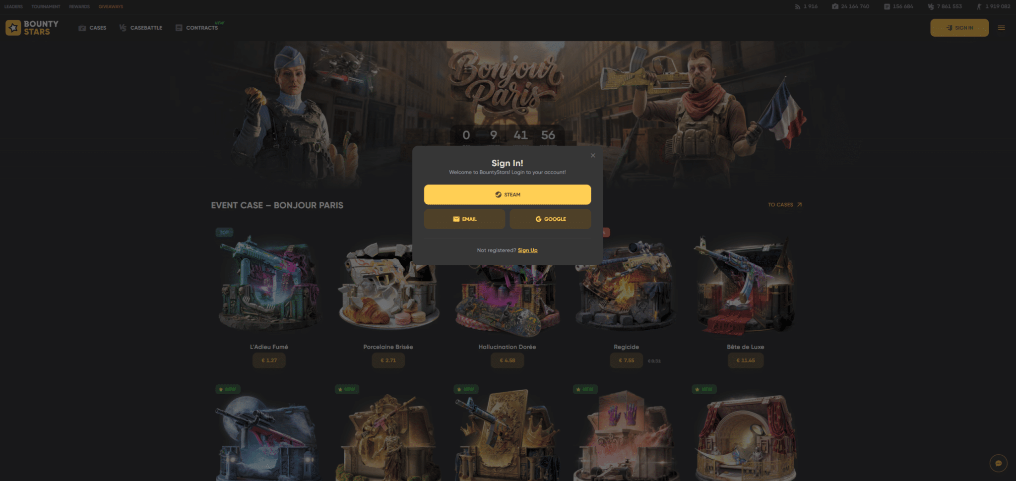 Bountystars login popup on CS2 gambling homepage