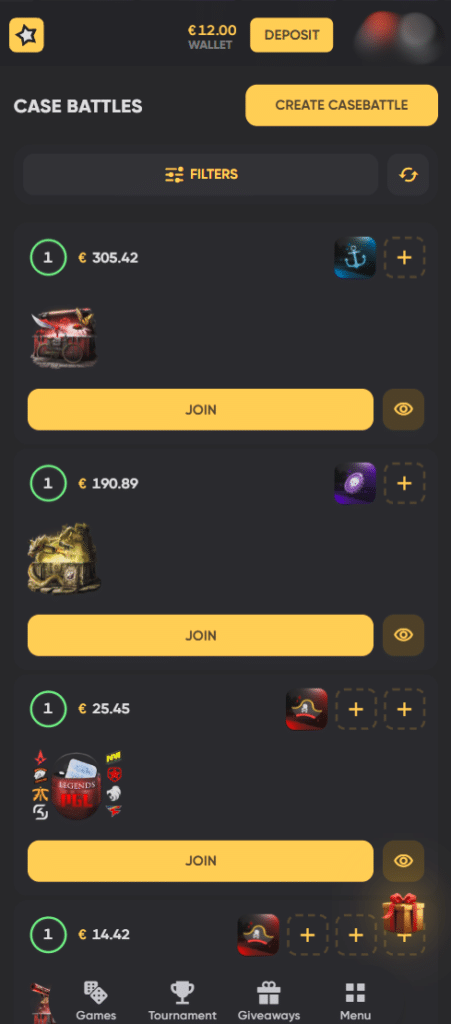 Bountystars mobile case battles interface for CS2 gambling
