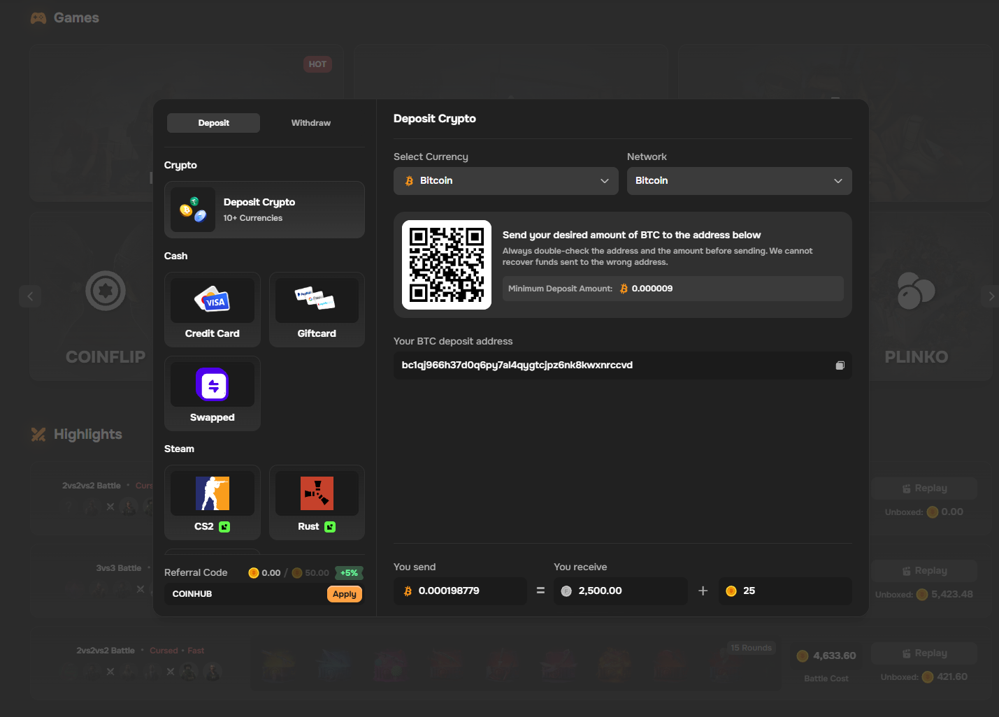 CSBattle crypto deposit with Bitcoin payment method