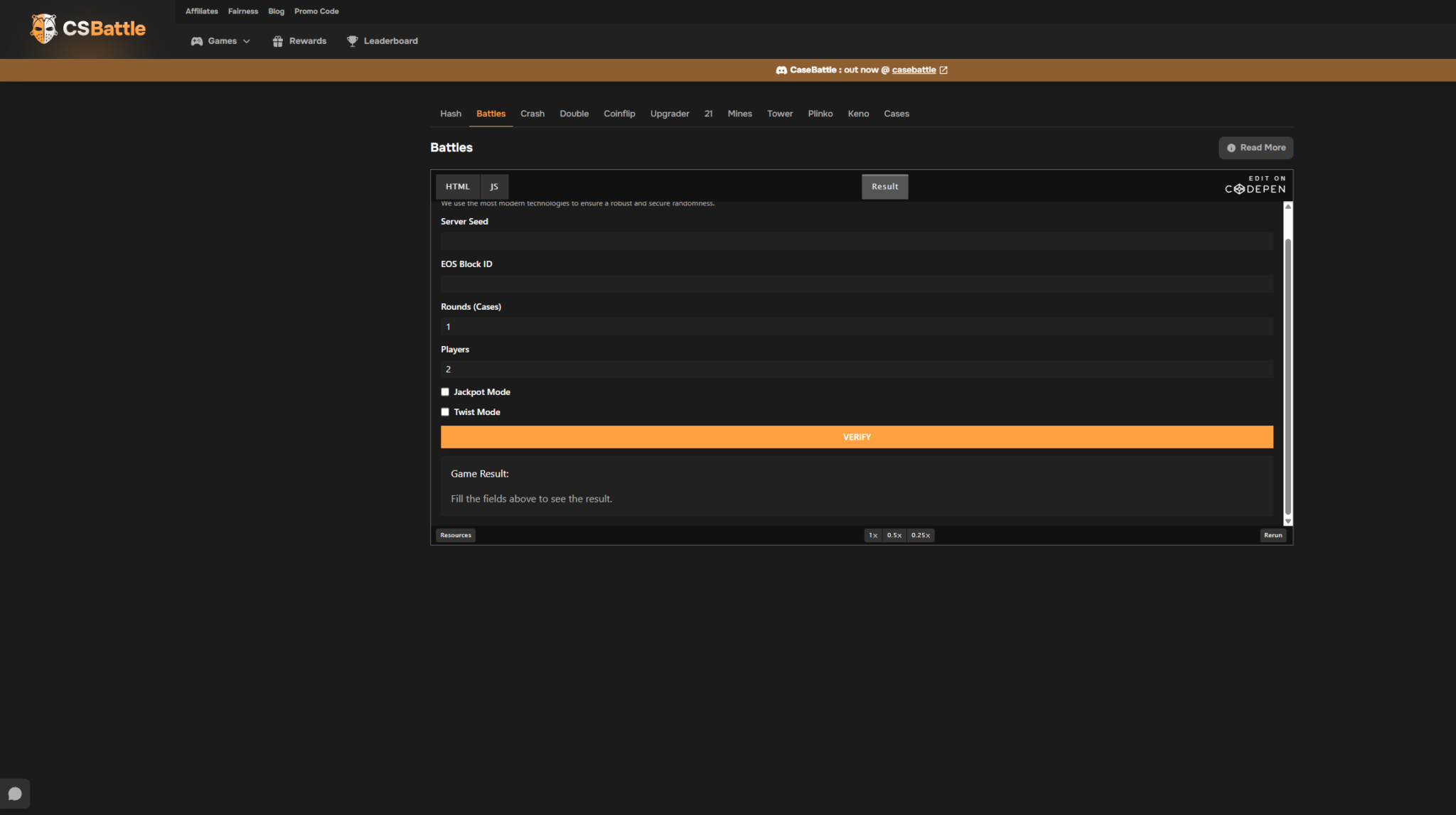 CSBattle provably fair system verification page