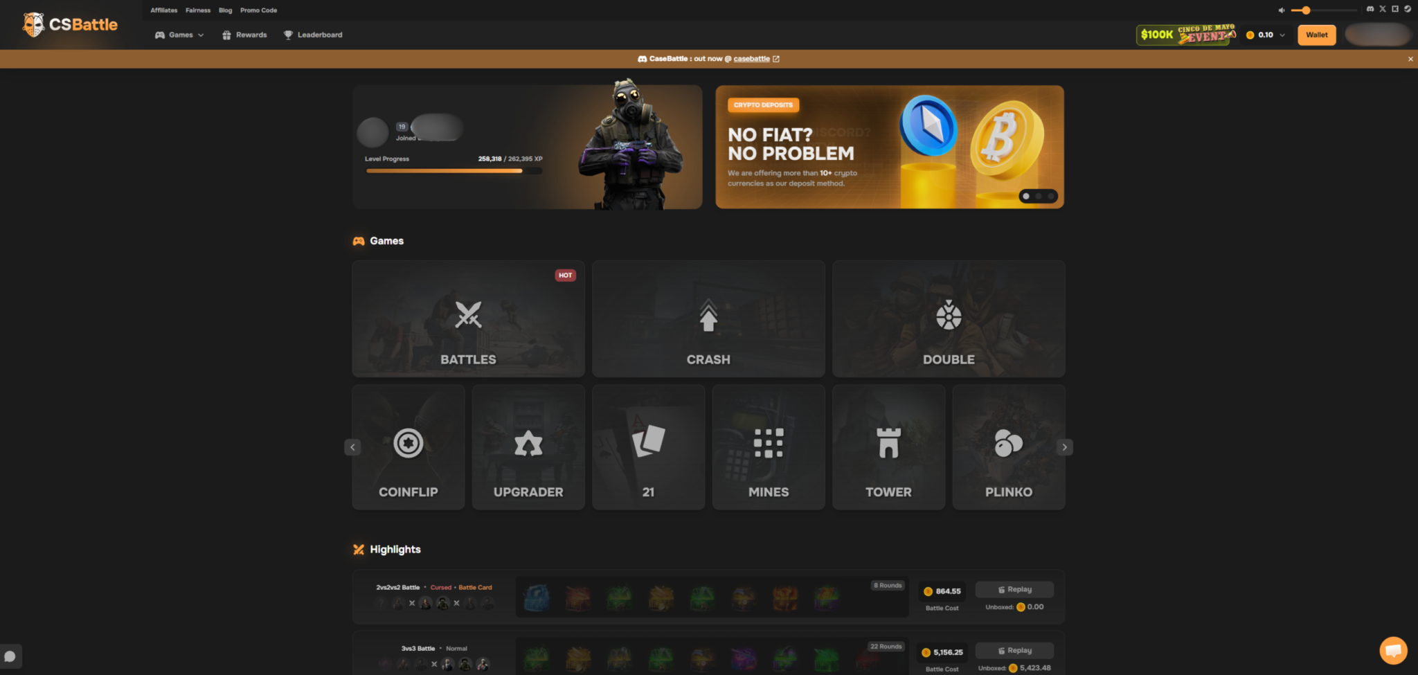 CSBattle homepage showing games and crypto gambling features