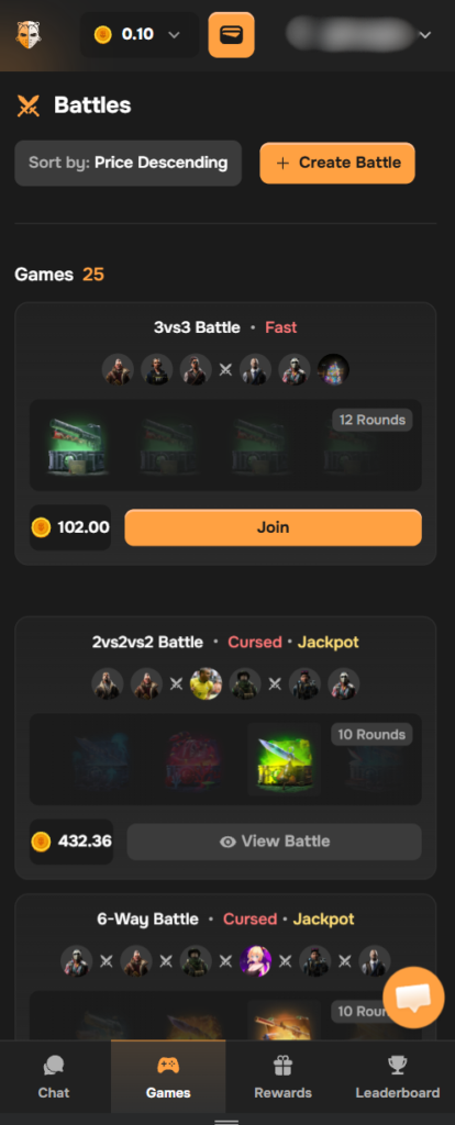 CSBattle mobile app battles screen with crypto gambling games