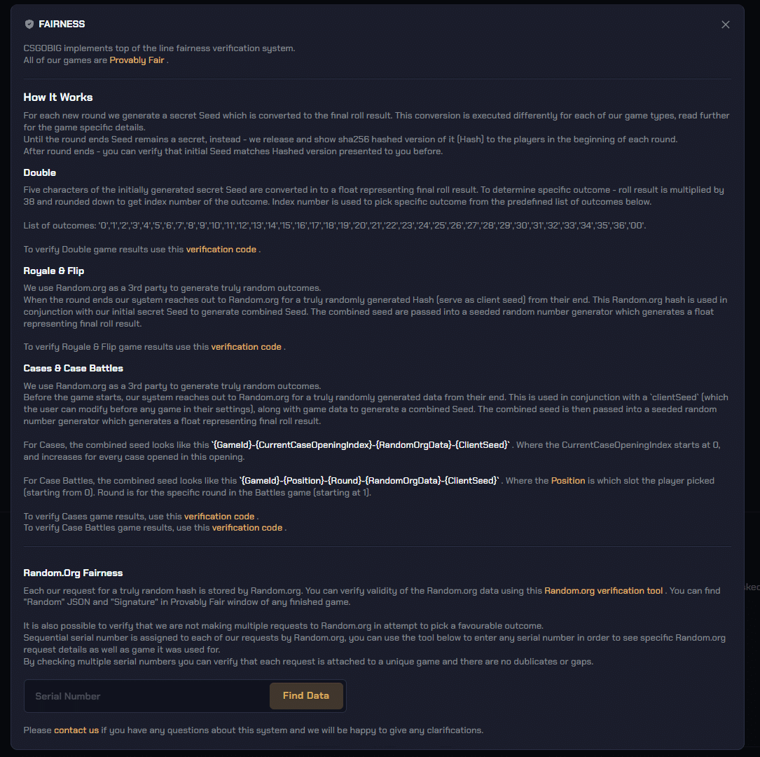 CSGOBig provably fair system page showing game fairness verification on a CS2 gambling site