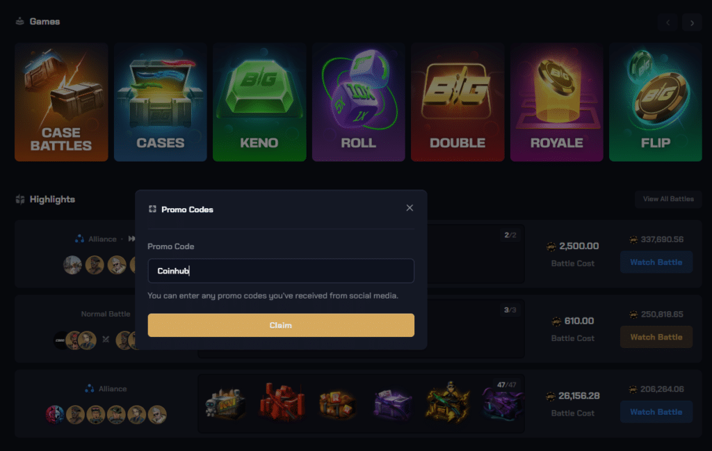 CSGOBig promo code feature on a CS2 gambling site showing bonus code entry and claim option