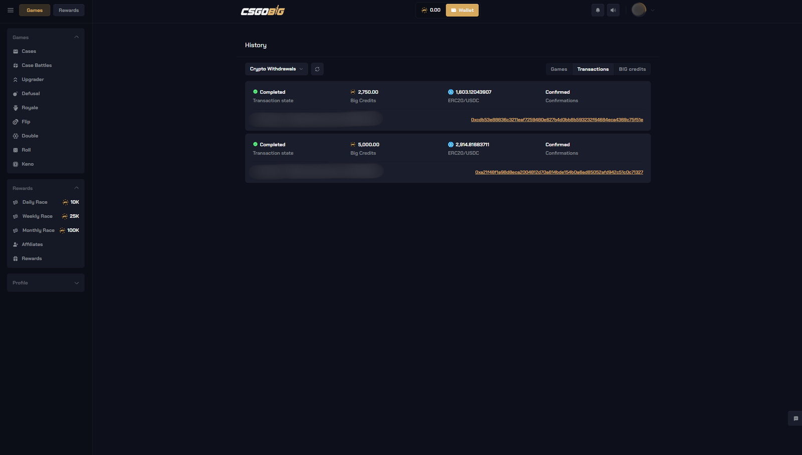 CSGOBig withdrawal history showing completed crypto payouts on a CS2 gambling site