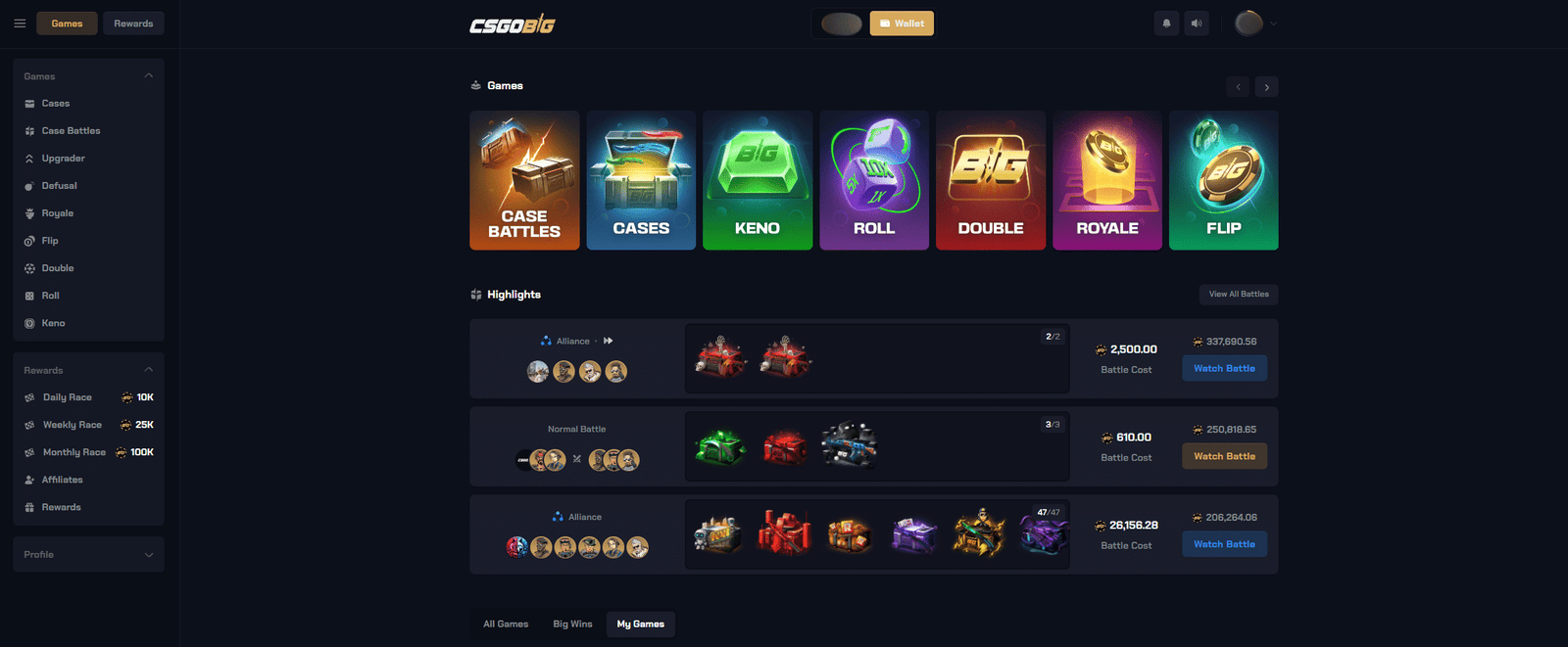 CSGOBig homepage showing multiple CS2 gambling games including case battles, roulette and coin flip