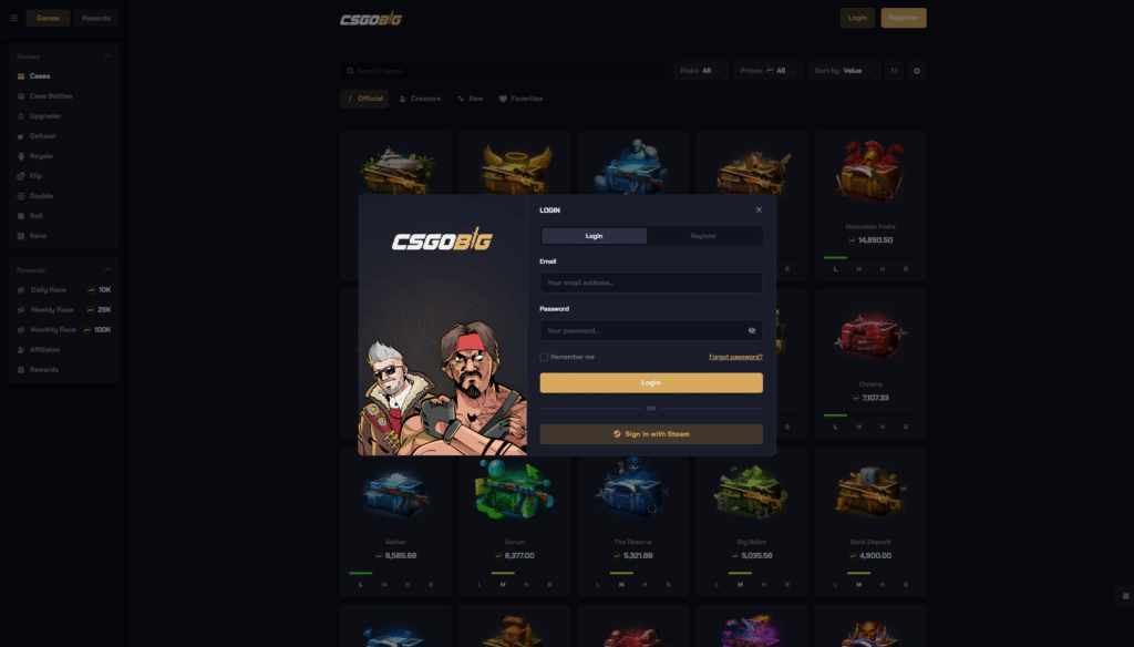CSGOBig login page on a CS2 gambling site showing user sign in and account access