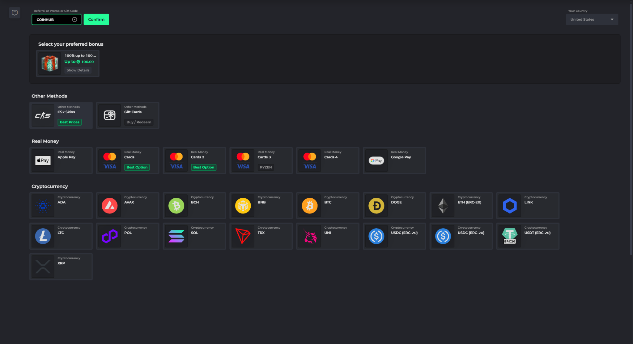 CSGOLuck deposit methods with crypto payments, CS2 skins, Visa, Apple Pay and supported cryptocurrencies