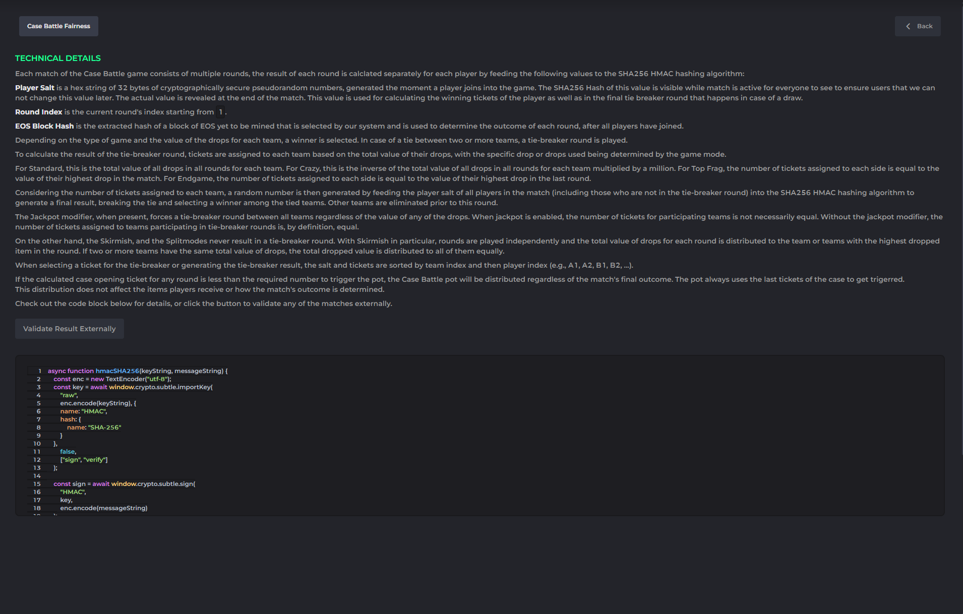 CSGOLuck provably fair system page explaining fairness verification and case battle result calculations