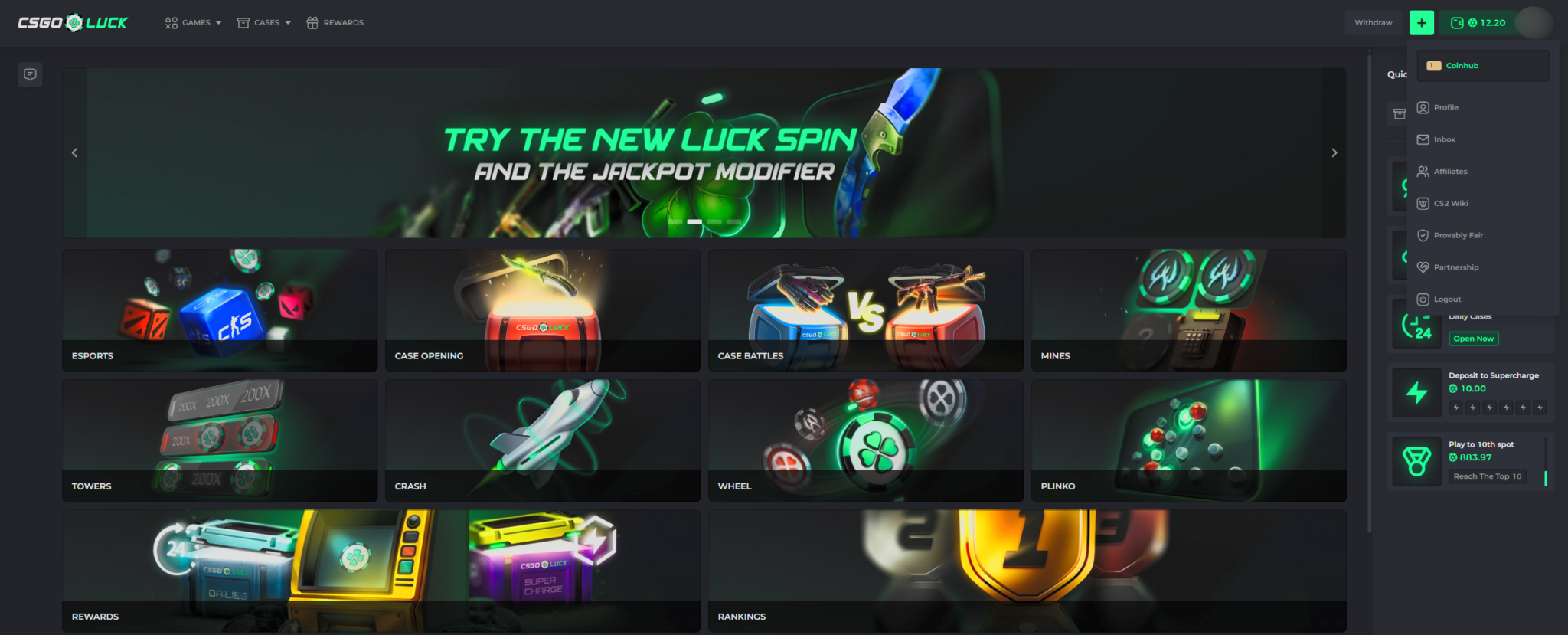 CSGOLuck homepage showing CS2 case opening, case battles, crash, towers and roulette style gambling games