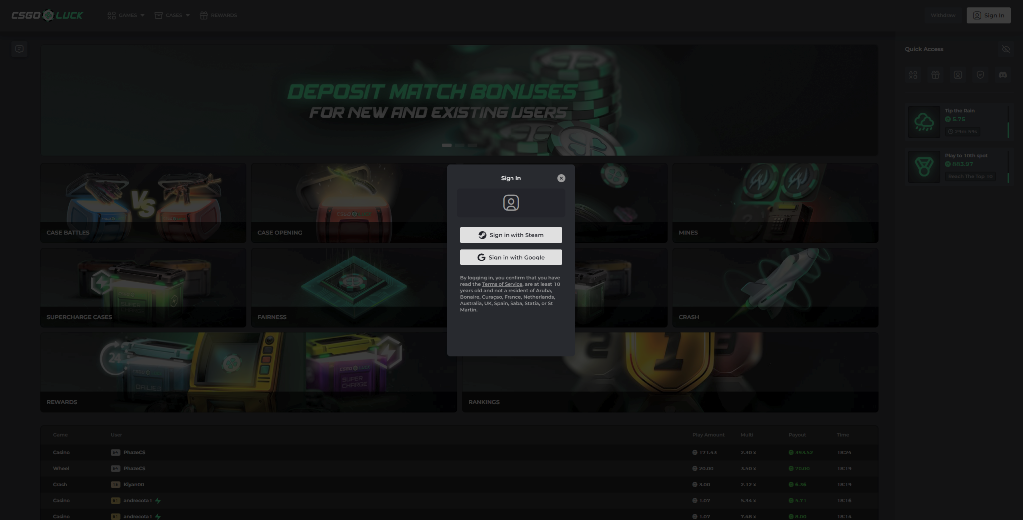 CSGOLuck Steam login page for CS2 skin gambling and crypto casino account access