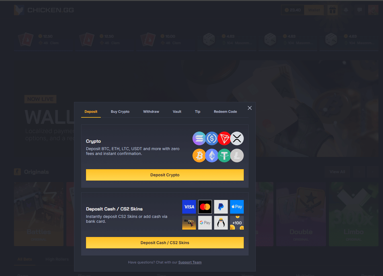 Chicken.gg deposit page showing crypto deposits, CS2 skins deposits and payment methods for crypto gambling users