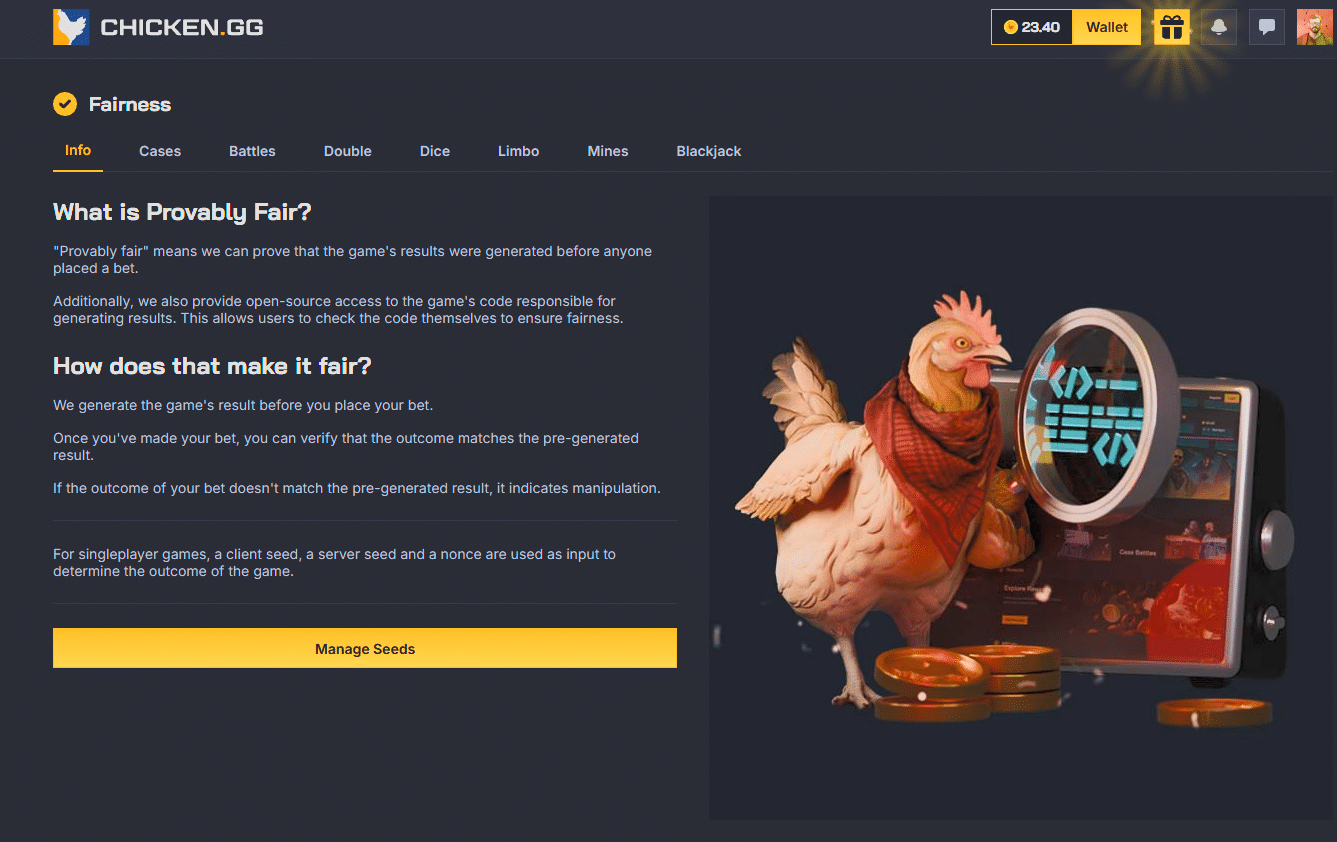 Chicken.gg provably fair system page explaining fairness verification and transparent game mechanics for CS2 gambling