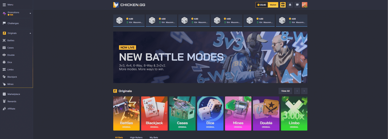 Chicken.gg homepage showing case battles, blackjack, mines, dice and CS2 gambling game selection
