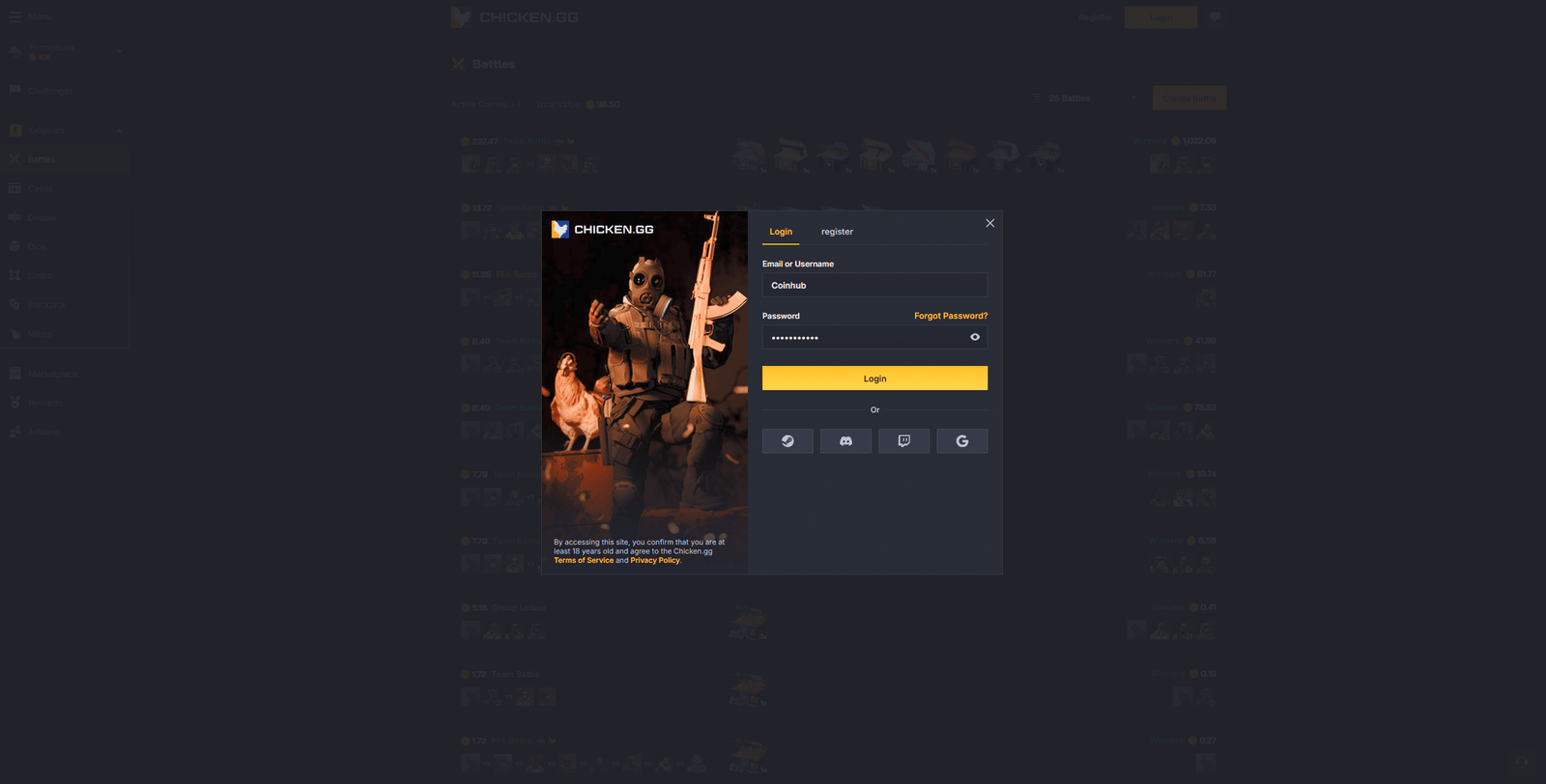 Chicken.gg login page with secure account sign in, Steam authentication and user access panel