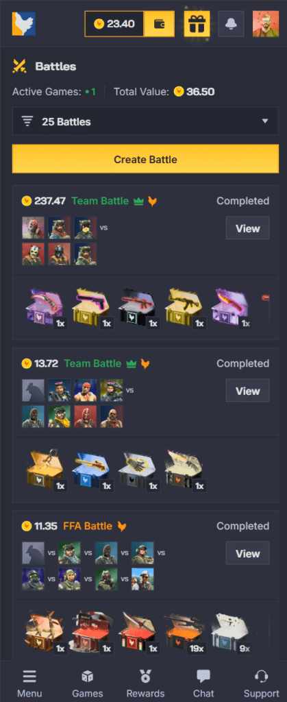 Chicken.gg mobile battles interface displaying live case battles, rewards system and mobile gambling experience