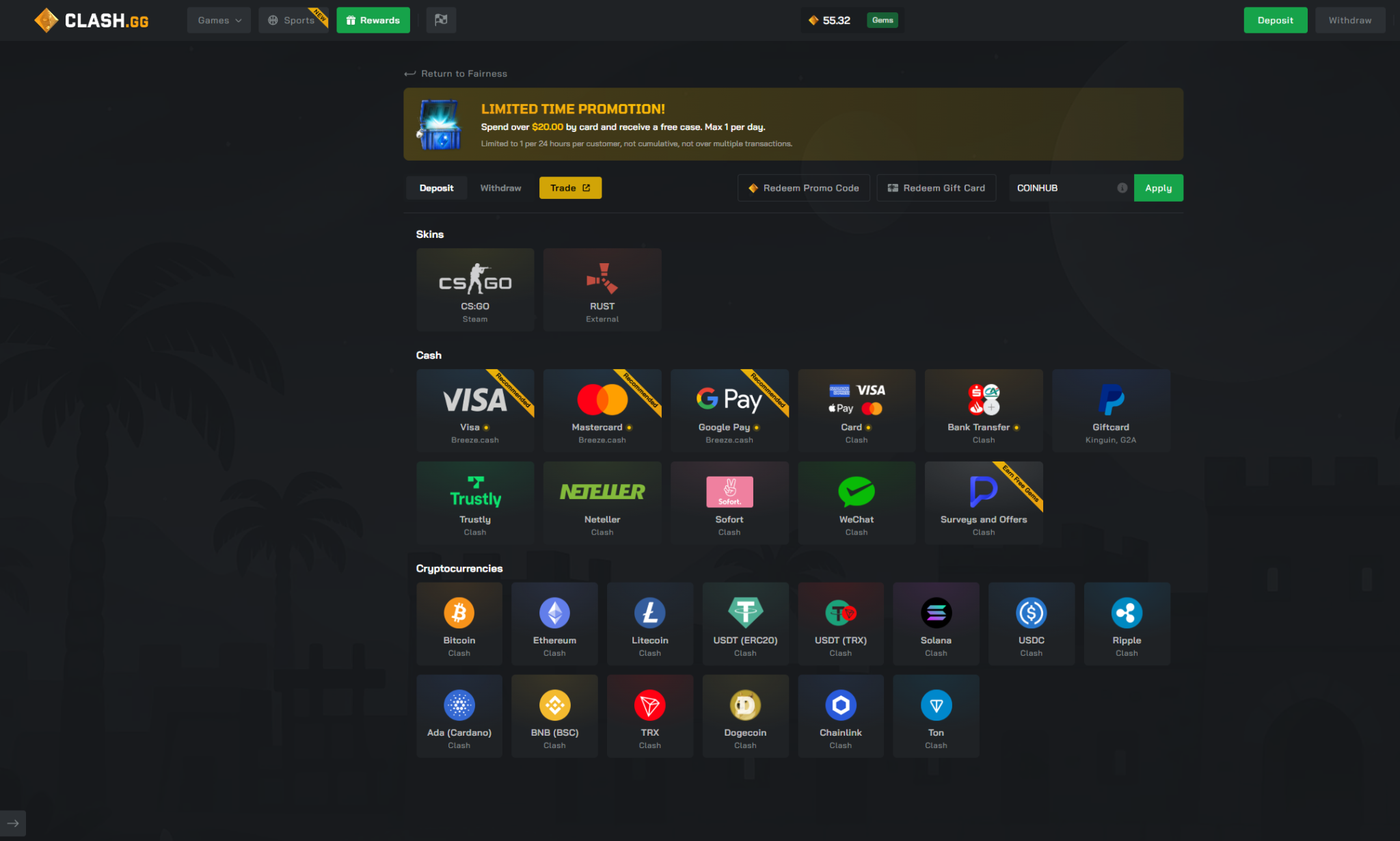 Clash.gg deposit page showing crypto deposits, Visa, Mastercard, Google Pay, Trustly and promo code COINhub