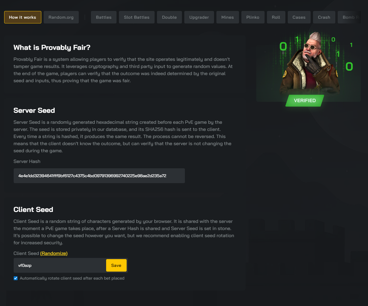 Clash.gg provably fair system page showing server seed, client seed and game fairness verification tools