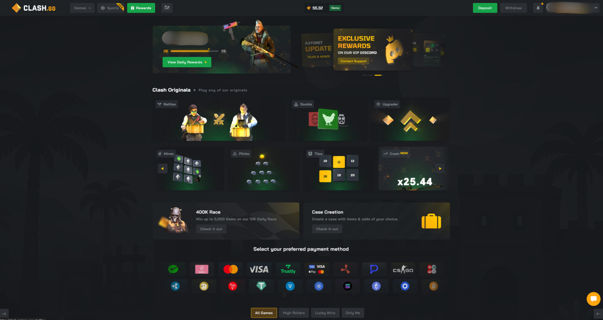 Clash.gg homepage showing case battles, crash games, mines, plinko and crypto gambling features