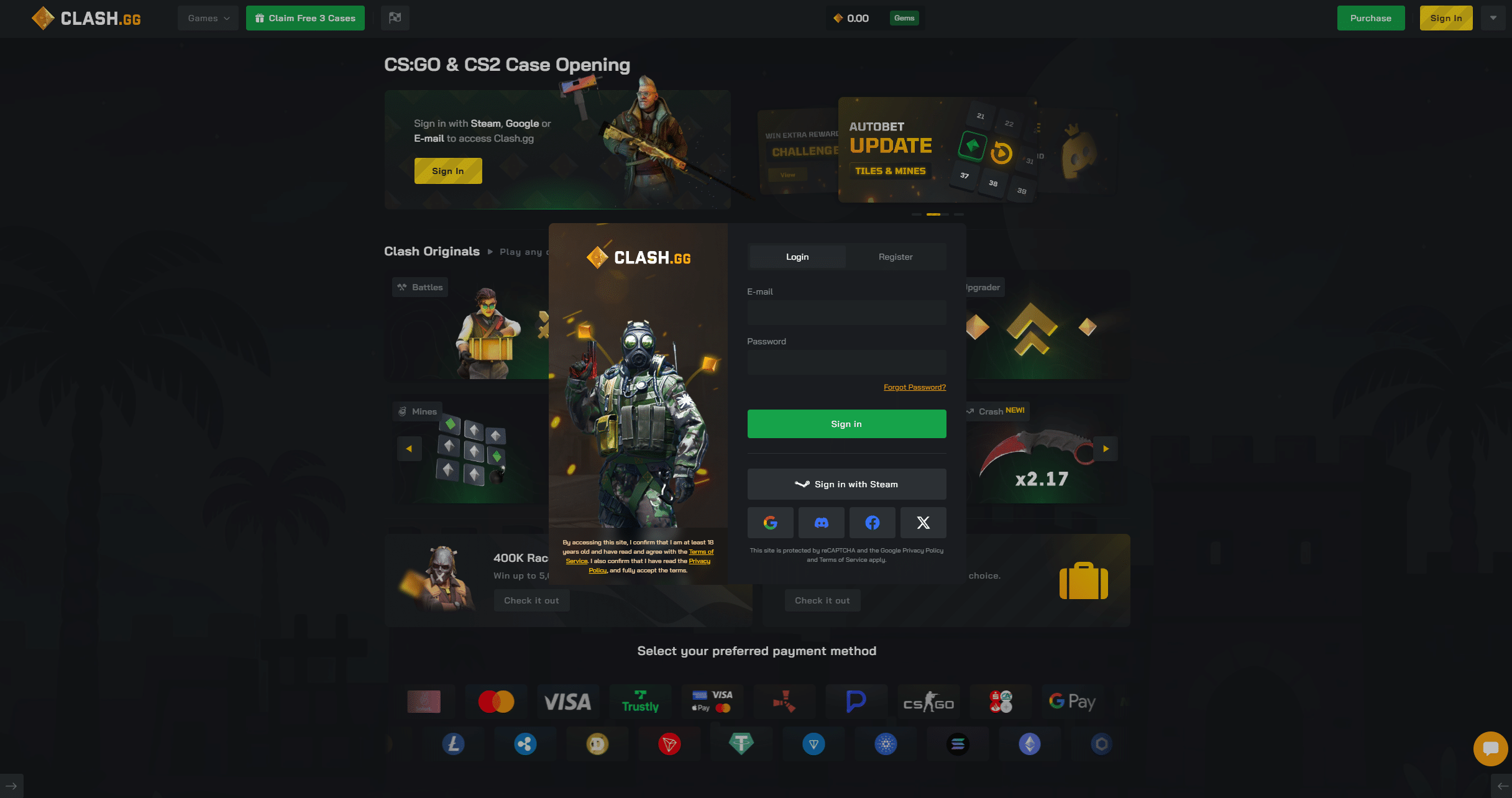 Clash review login screen showing Steam sign in, case battles and CS2 gambling platform interface