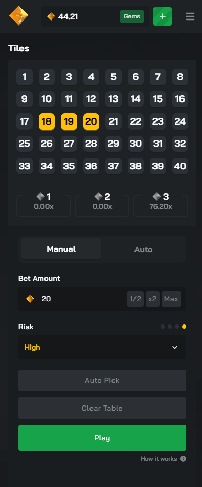 Clash.gg mobile interface showing Tiles game, betting controls and crypto gambling gameplay
