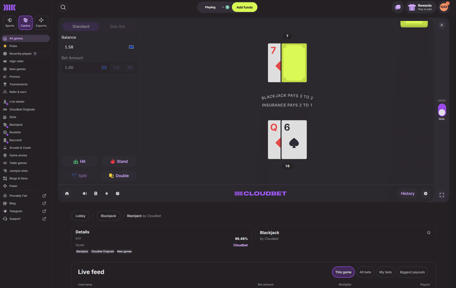 Cloudbet review blackjack game screen showing online blackjack gameplay, betting controls and Cloudbet Originals casino interface.