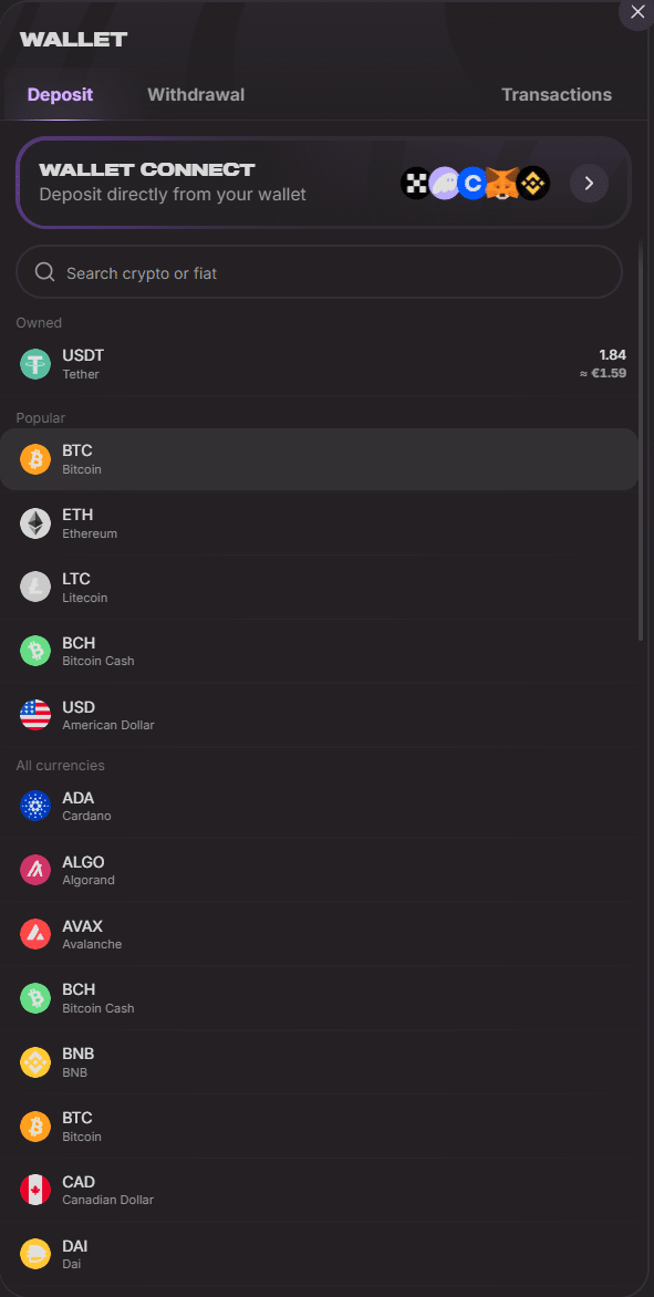 Cloudbet review crypto deposit page displaying wallet connect options, Bitcoin, Ethereum and multiple cryptocurrency payment methods.