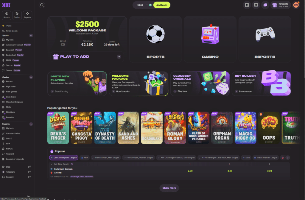 Cloudbet review homepage with casino lobby, featured slot games, sportsbook categories and promotional bonus offers.