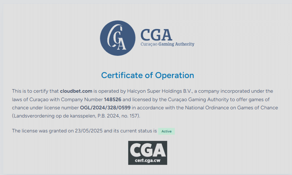 Cloudbet review Curacao Gaming Authority license certificate confirming active online casino license and legal operation status.