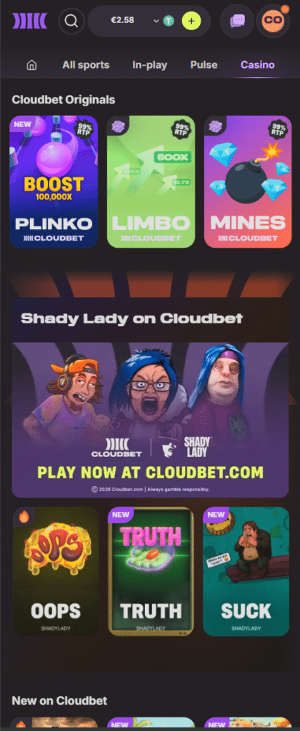 Cloudbet review mobile casino interface displaying Cloudbet Originals slots and responsive mobile betting experience.
