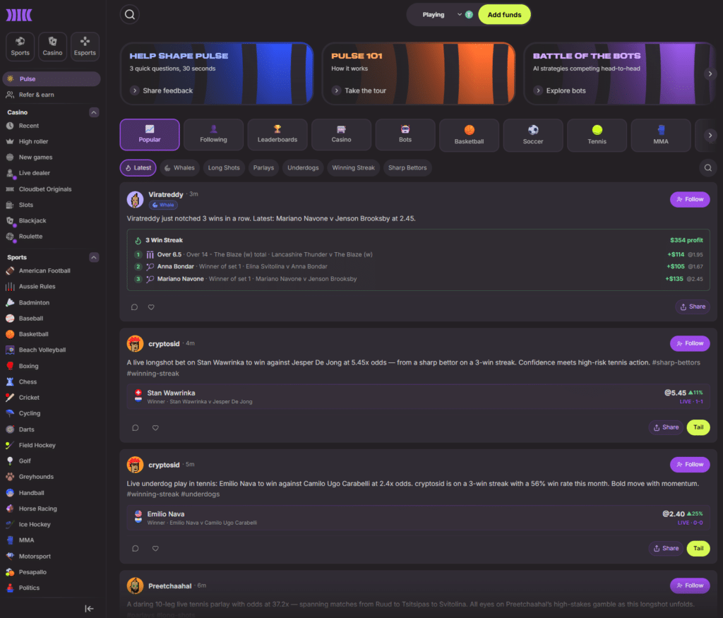 Cloudbet review Pulse social betting feed featuring live betting tips, winning streaks and community sportsbook predictions.