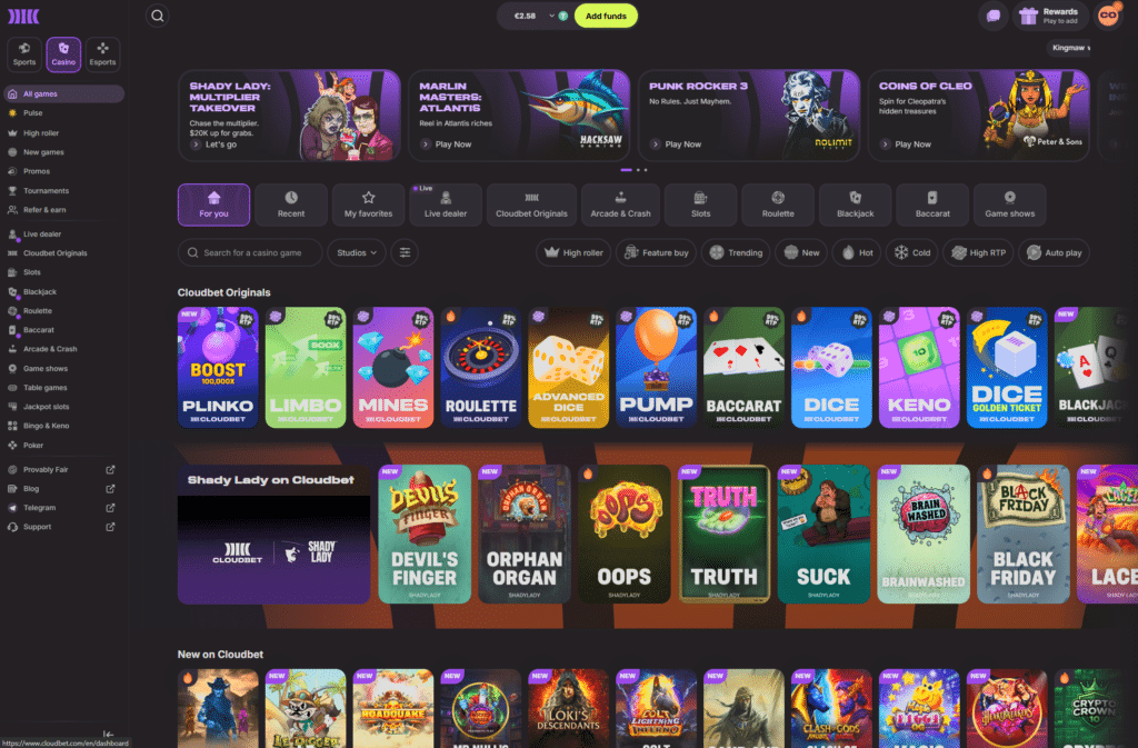 Cloudbet review slots lobby showing Cloudbet Originals games, Pragmatic Play slots and featured online casino games.