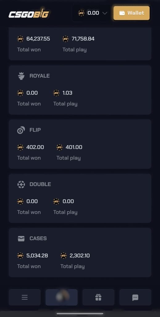 CSGOBig mobile interface with user stats and games on a CS2 betting platform